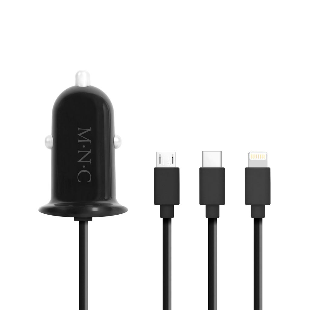 M.N.C. 4az1-ben szivargyújtós adapter beépített USB-A csatlakozóval és Type-C,MicroUSB,Lightning kábelvégződésekkel (54920BK) (54920BK)