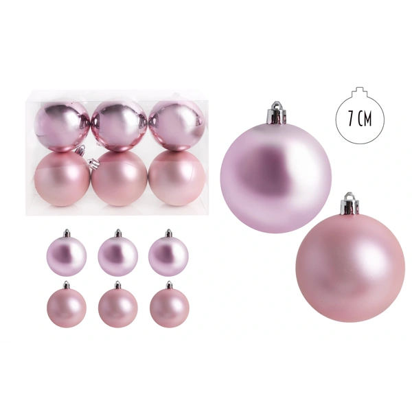 IRIS karácsonyi dísz gömb, szettben, pvc dobozban, 6dbos, rózsaszín 7 cm (050412)
