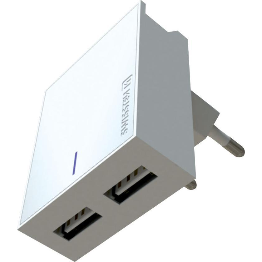 Swissten 22043000 2xUSB-A Hálózati Töltő Adapter + USB-C Kábel 1.2m 15W - Fehér (22043000)