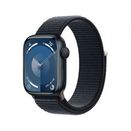 Apple Watch Series 9 GPS, 45 мм, среднощен черен алуминиев корпус, среднощна черна спортна каишка