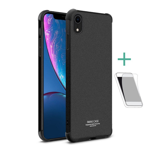 IMAK szilikon telefonvédő (közepesen ütésálló, légpárnás sarok, matt + képernyővédő fólia) FEKETE [Apple iPhone XR 6.1] (5996457810413)