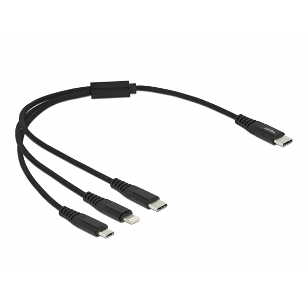 Delock 87148 3in1 USB-C apa - Micro USB/USB-C/Lightning apa 2.0 Adat és töltőkábel - Fekete (0.3m)