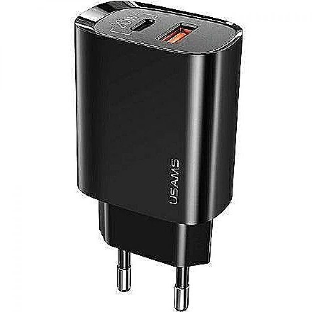 Usams CC121TC02 PD hálózati gyorstöltő adapter Type-C és QC3.0 USB csatlakozóval 20W fekete (1380749) (CC121TC02)