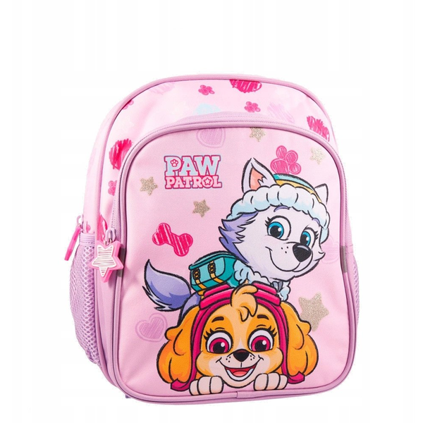 Euromic PAW PATROL GIRLS Small backpack w/2 zipped front pockets, 2 mesh side pockets, reflectors on straps, cushioned shoulder straps and chest strap, 300D polyester with glitter printed stars, H 26.5 cm, W 21 cm, D 10 cm. Volumen: 5 liter