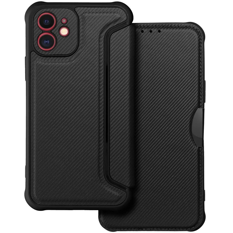Xiaomi Redmi 12C, Oldalra nyíló tok, légpárnás sarok, bőrhatású, karbon minta, Razor Book, fekete (138795)