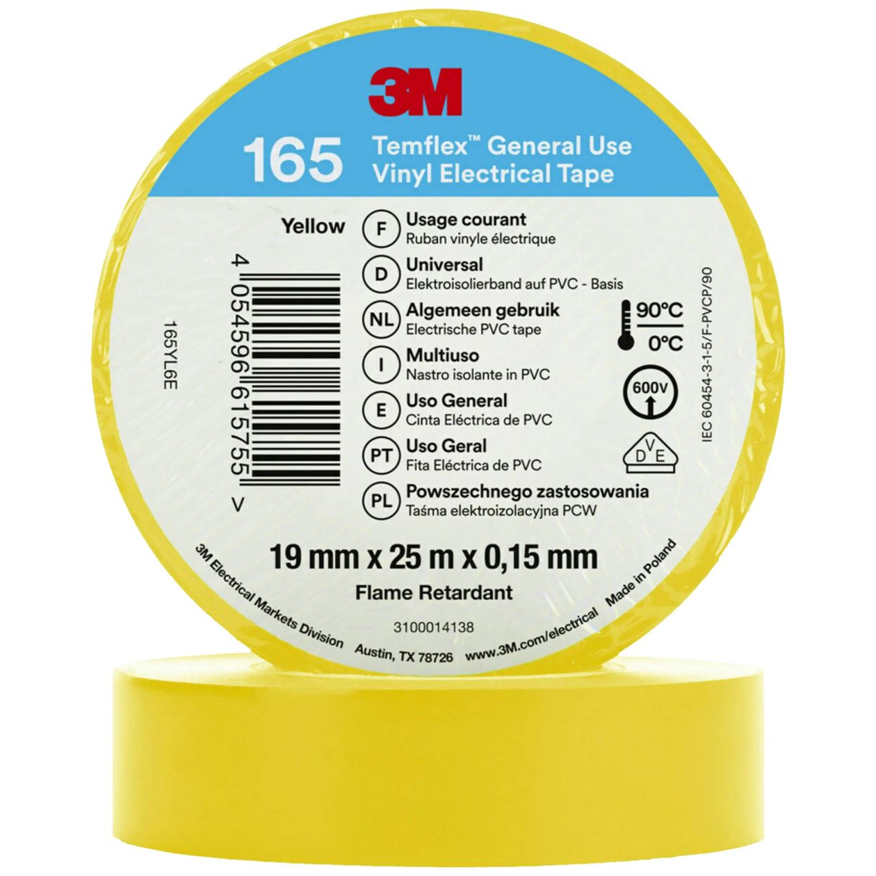 3M Temflex 165 165YL6E vinil szigetelőszalag, sárga, 25 m x 19 mm (165YL6E)