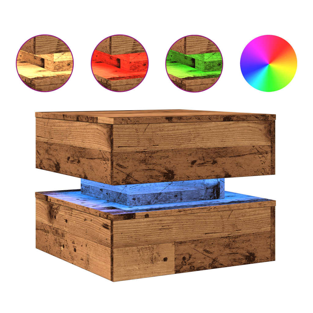 antik fa színű dohányzóasztal LED-lámpákkal 50 x 50 x 40 cm (857716)