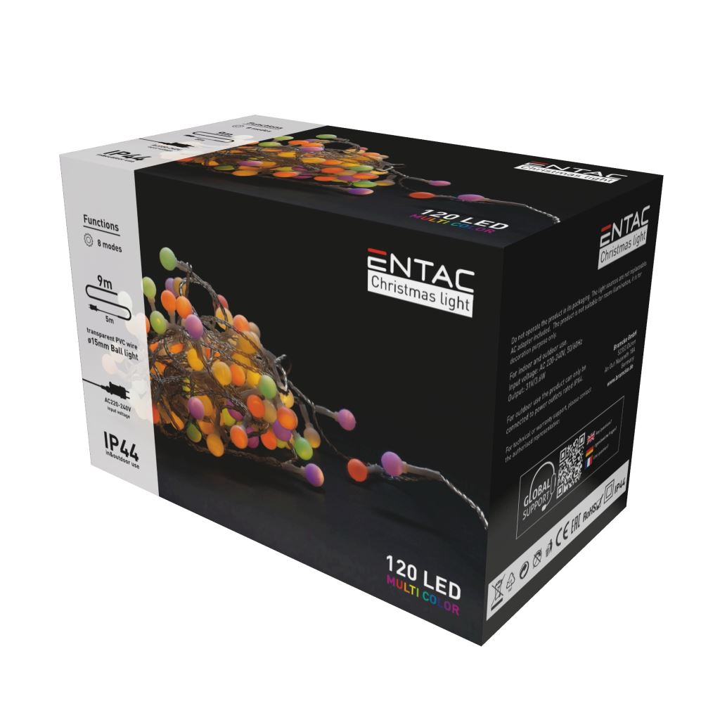 Entac Christmas IP44 120 LED fényfüzér gömb MC 15mm 9m (ECL-PPB-120MC) (ECL-PPB-120MC)