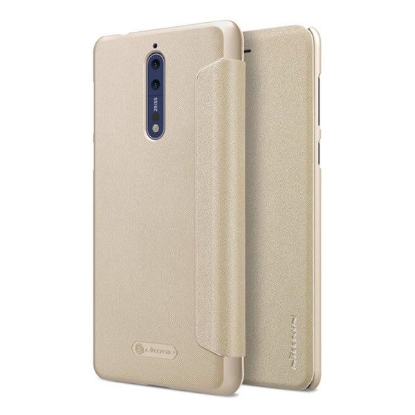 NILLKIN SPARKLE műanyag telefonvédő (mikroszálas bőr hatású FLIP, oldalra nyíló) ARANY [Nokia 8] (5996457735761)