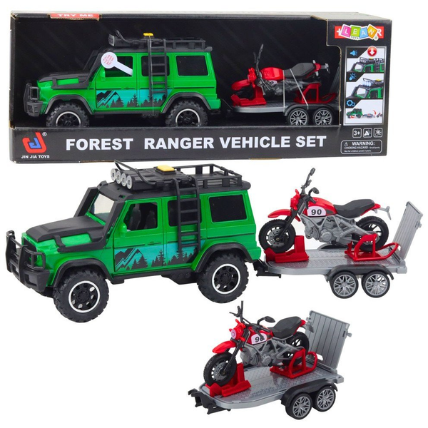 Lean Toys Terepjáró Készlet Vontató Teherautó és Motorkerékpár Világítással és Zöld Hangokkal
