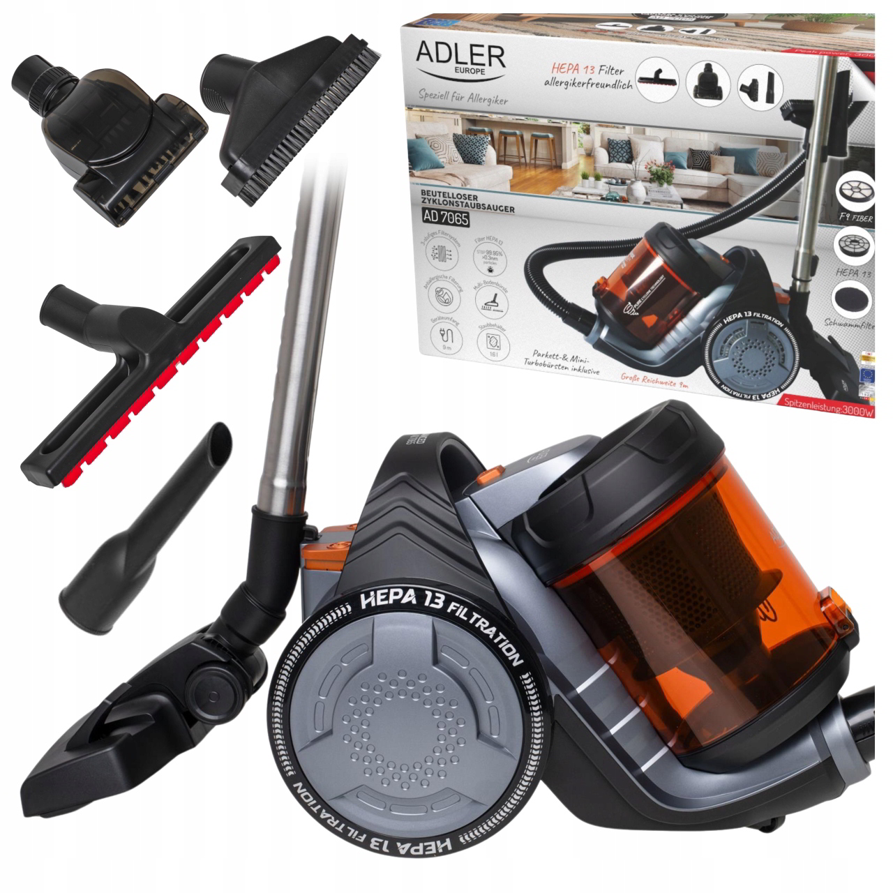 Adler AD 7065 Porzsák Nélküli Porszívó 700W - Fekete / Piros (AD 7065)