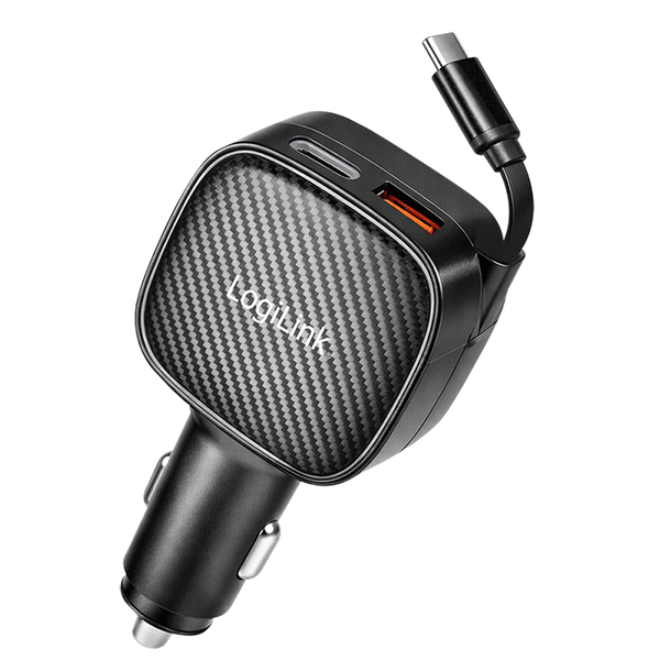 Logilink USB autós töltő, 3 portos, visszahúzható USB-C kábellel, 60W, PD, QC, fekete