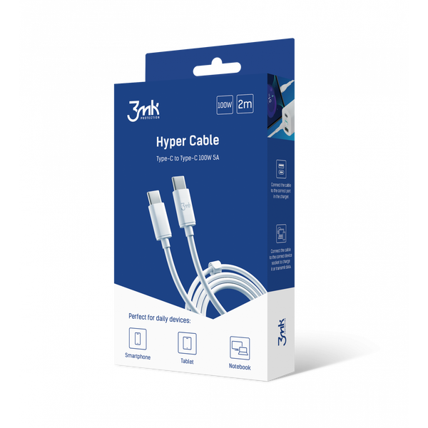 3mk Hyper Cable USB-C apa - USB-C apa Adat és töltő kábel - Fehér (2m)