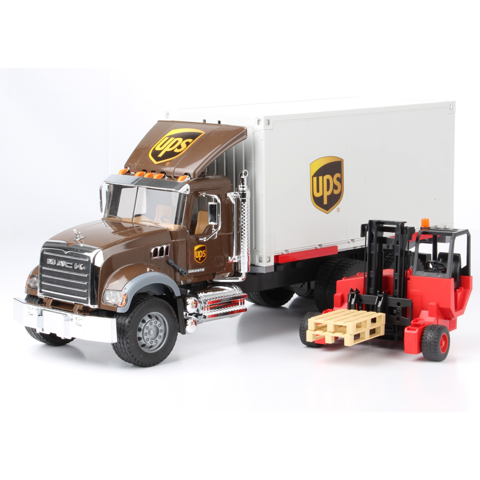 Bruder MACK Granite UPS teherautó taroncával és raklapokkal (02828)