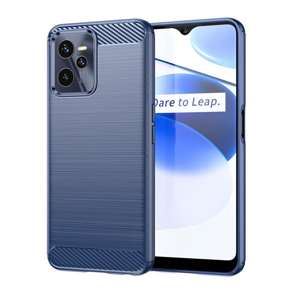 Szilikon telefonvédő (közepesen ütésálló, légpárnás sarok, szálcsiszolt, karbon minta) SÖTÉTKÉK [Realme C35] (5996591160207)