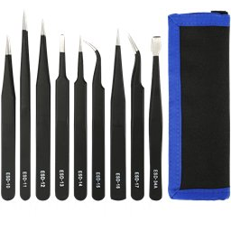 Tweezer kit, 9 pieces, ESD, black