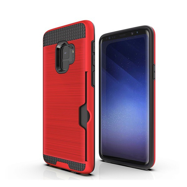Műanyag telefonvédő (szilikon belső, közepesen ütésálló, bankkártya tartó, szálcsiszolt minta) PIROS [Samsung Galaxy S9 (SM-G960)] (5996457751747)