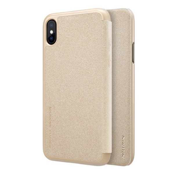 NILLKIN SPARKLE műanyag telefonvédő (mikroszálas bőr hatású FLIP, oldalra nyíló) ARANY [Apple iPhone XS 5.8] (5996457725564)