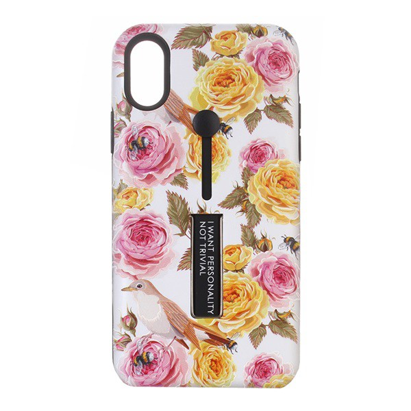 Műanyag telefonvédő (szilikon belső, asztali tartó funkció, ujjra húzható szilikon, virág minta) FEHÉR [Apple iPhone XS Max 6.5] (5996457802289)