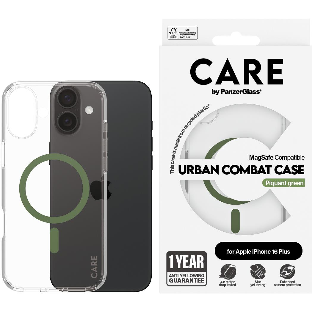 PanzerGlass CARE Apple iPhone 16 Plus MagSafe Urban Combat átlátszó/zöld nem sárguló tok (1371)