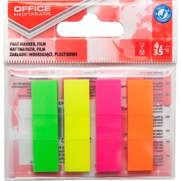  Office Products Zakładki indeksujące OFFICE PRODUCTS, PP, 12x43mm, 4x35 kart., zawieszka, mix kolorów neon