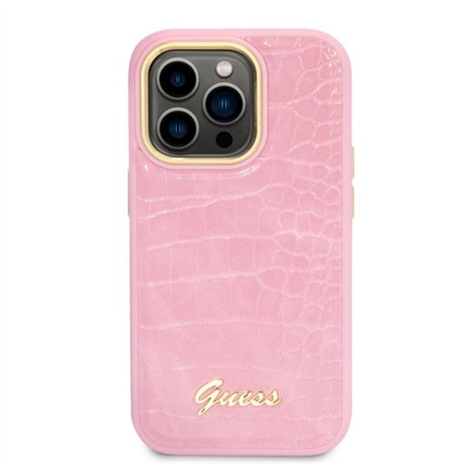 Guess Croco with Metal Camera Outline Apple iPhone 14 Pro hátlap tok rózsaszín (GUHCP14LHGCRHP) (GUHCP14LHGCRHP)