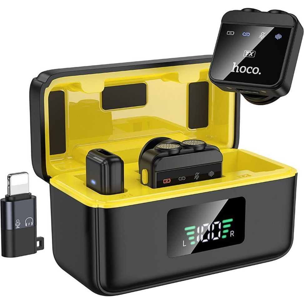 Hoco L17 Bluetooth Mikrofon 2db Type-C, Zajszűrő + Töltőtok, Fekete