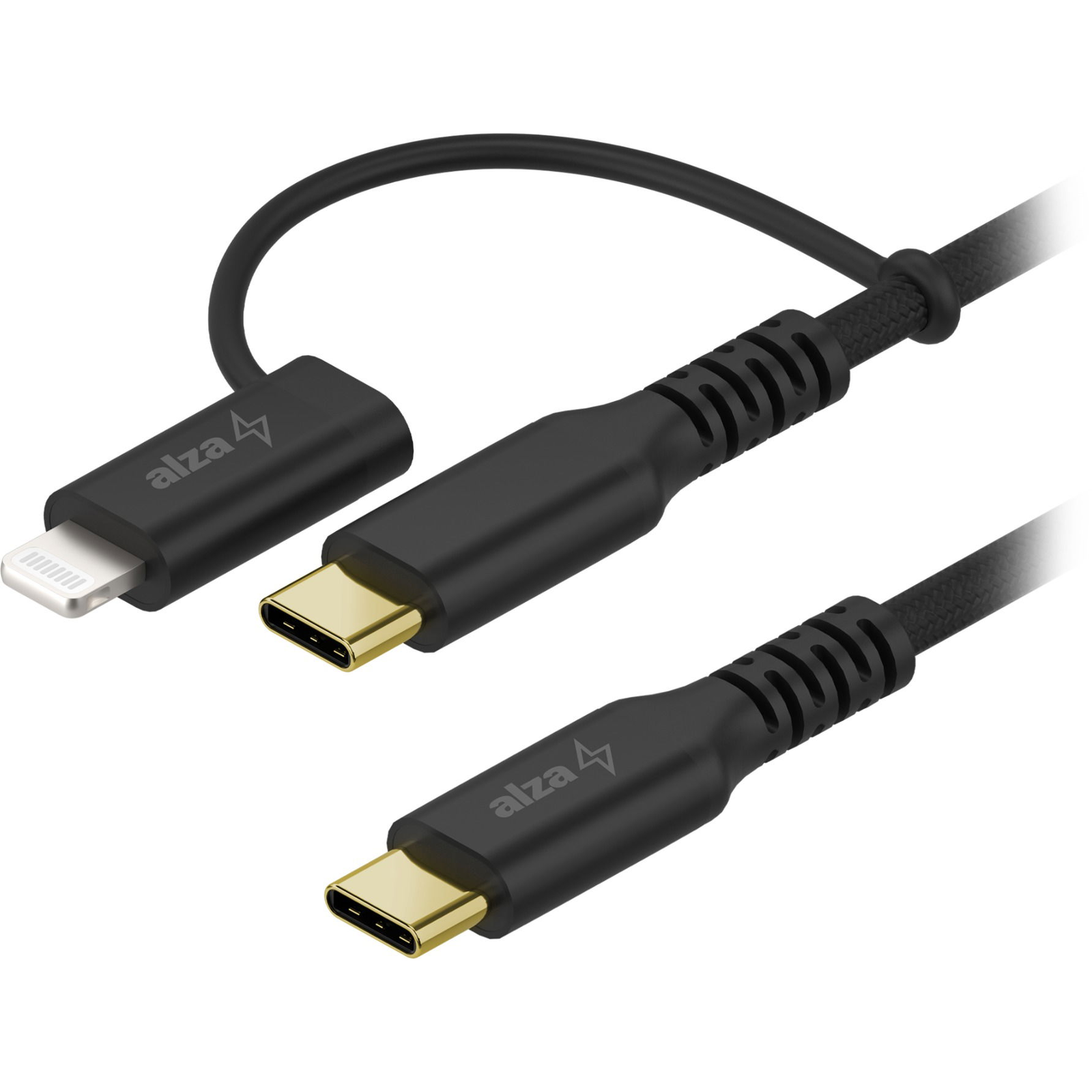 AlzaPower AluCore 2in1 USB-C to USB-C/Lightning, MFi, 60 W, 1,2 m, fekete (APW-CBTCMFI012B)