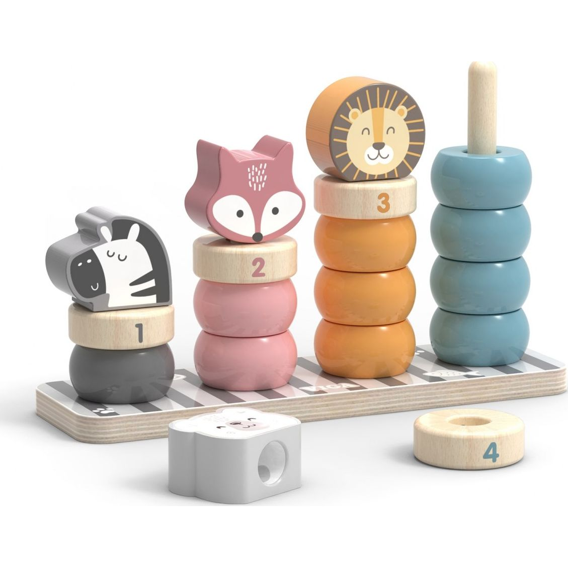 Fából készült toronyépítő gyűrűk állatokkal (44022)