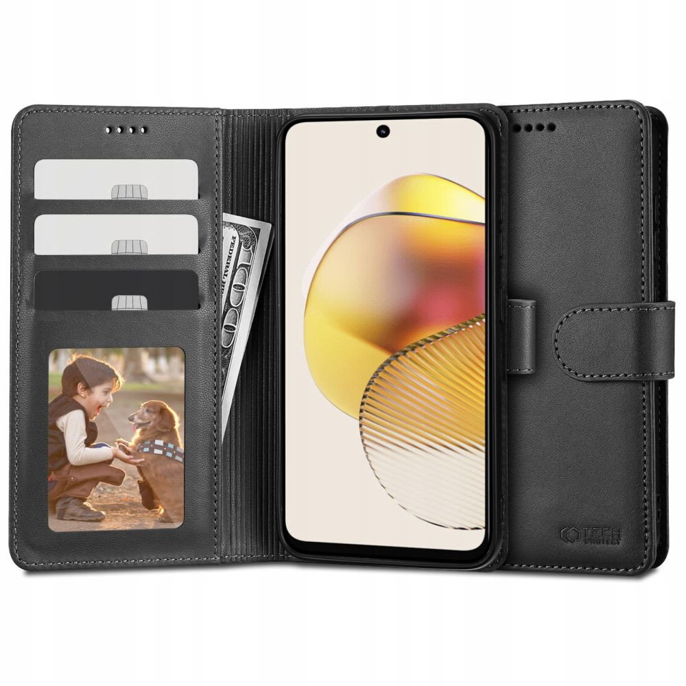 Motorola Moto G73 5G, Oldalra nyíló tok, stand, mágnes csattal, TP Wallett, fekete (9490713932834)