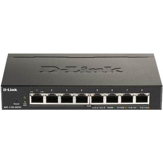 D-Link DGS-1100-08PV2 Vezérelt L2/L3 Gigabit Ethernet (10/100/1000) Ethernet-áramellátás (PoE) támogatása Fekete (DGS-1100-08PV2/E)