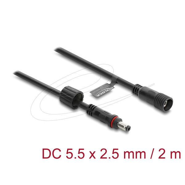 Delock DC hosszabbító kábel 5,5 x 2,5 mm dugós csatlakozó aljzathoz, csavaros kupakkal, M12 x 1,75 mm menet, vízálló, 18 AWG 2 m, fekete
