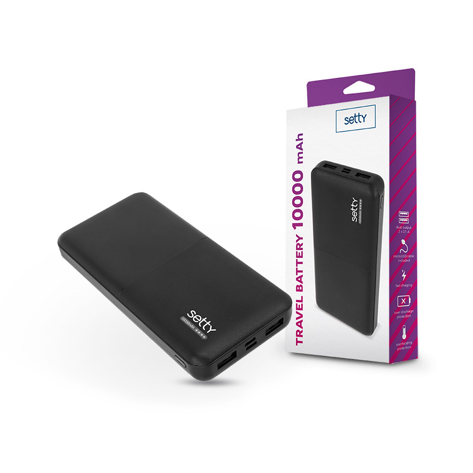 Setty univerzális hordozható, asztali akkumulátor töltő - Setty Power Bank - 2xUSB - 10.000 mAh - fekete (TF-0162)