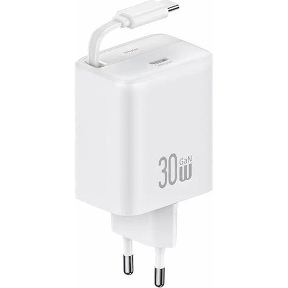 Incarcator retea, 30W, Usams, cu cablu retractabil, alb, 80 cm