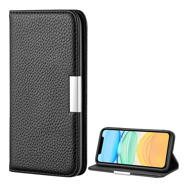 Tok álló, bőr hatású (FLIP, oldalra nyíló, asztali tartó funkció, mágneses, elegáns fémcsat, prémium) FEKETE [Apple iPhone 12 mini] (5996591012575)