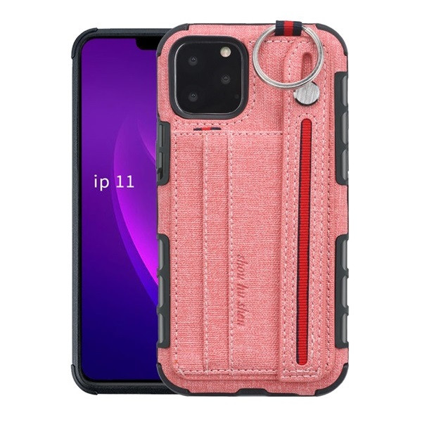 Apple iPhone 11 Pro, Szilikon tok, közepesen ütésálló, stand, textil hátlap, felakasztható, kézpánttal, rózsaszín (G95774)