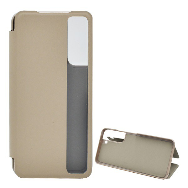 Tok álló, bőr hatású (FLIP, oldalra nyíló, asztali tartó funkció, hívószámkijelzés, View Window) VILÁGOSBARNA [Samsung Galaxy S22 Plus 5G (SM-S906)] (5996591121079)