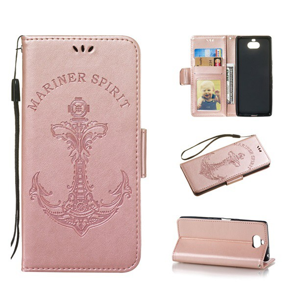 Tok álló, bőr hatású (FLIP, oldalra nyíló, asztali tartó funkció, csuklópánt, vasmacska minta) ROZÉARANY [Sony Xperia 10 (L4113)] (5996457858286)