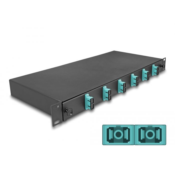 Delock 19” hosszú sínekbe rögzítéshez optikai szálösszefűző doboz, 6db SC Duplex OM3 1U, kompletten összeszerelve (67001) (delock67001)