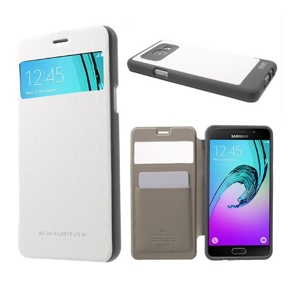 MERCURY Wow Bumper tok álló, bőr hatású (FLIP, oldalra nyíló, S-View cover, textil minta) FEHÉR [Samsung Galaxy A5 (2016) SM-A510F]