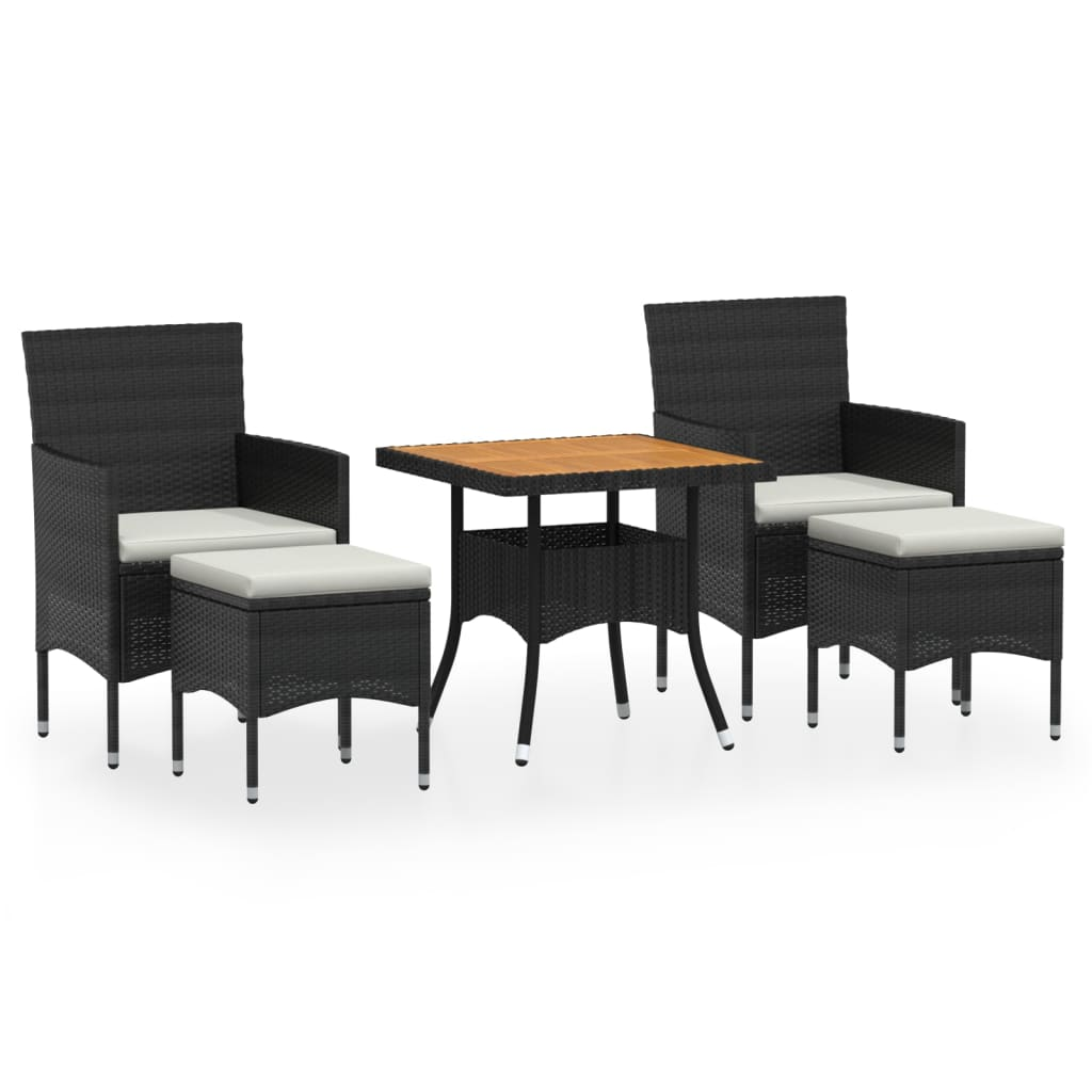 5 részes fekete polyrattan/tömör akácfa kerti étkezőgarnitúra (3058332)