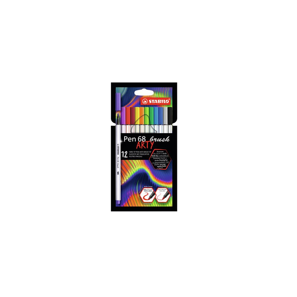 Флумастери Stabilo Pen 68 Brush с накрайник за четка, 12 цвята/комплект, Картонена кутия Arty