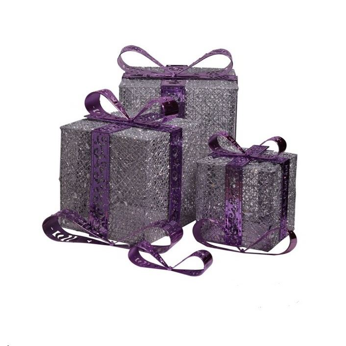 IRIS Doboz alakú /1db 20cm, 1db 25cm, 1db 30cm/ ezüst-lila fémdoboz műanyag masnival dekor szett (011-02) (011-02)