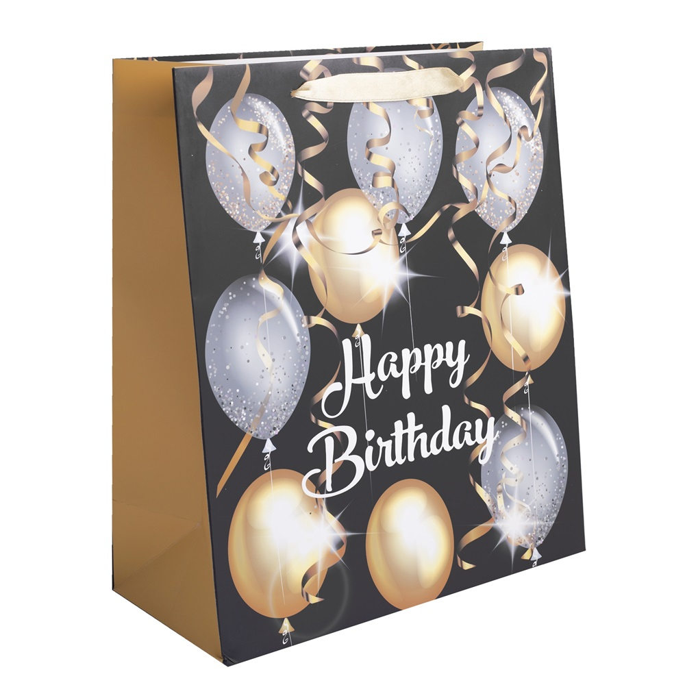 Iris Lufi mintás Szalagfüles Papír ajándéktasak születésnapra (26 x 32 cm) - Fekete/Arany (371770)