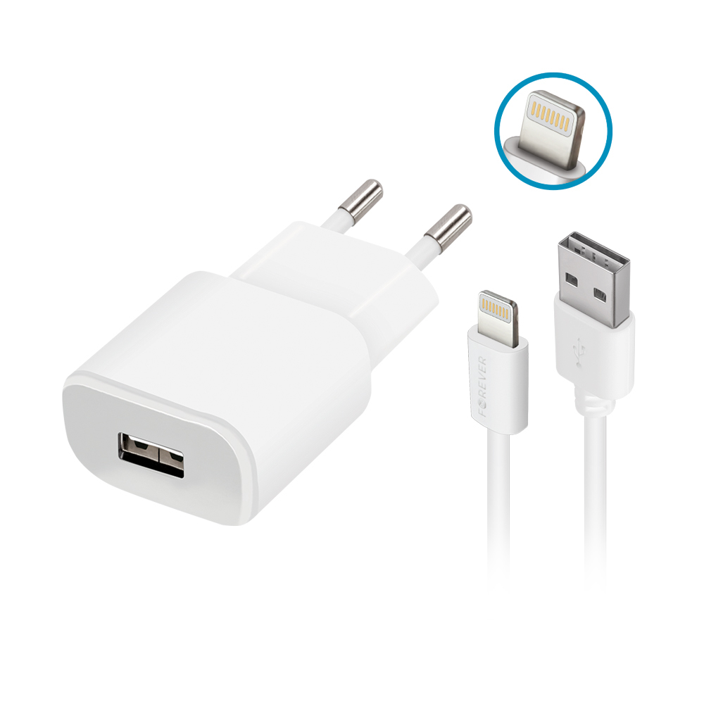 Forever TC-01 USB-A Hálózati töltő + Lightning kábel - Fehér (5V / 2A) (GSM032679)