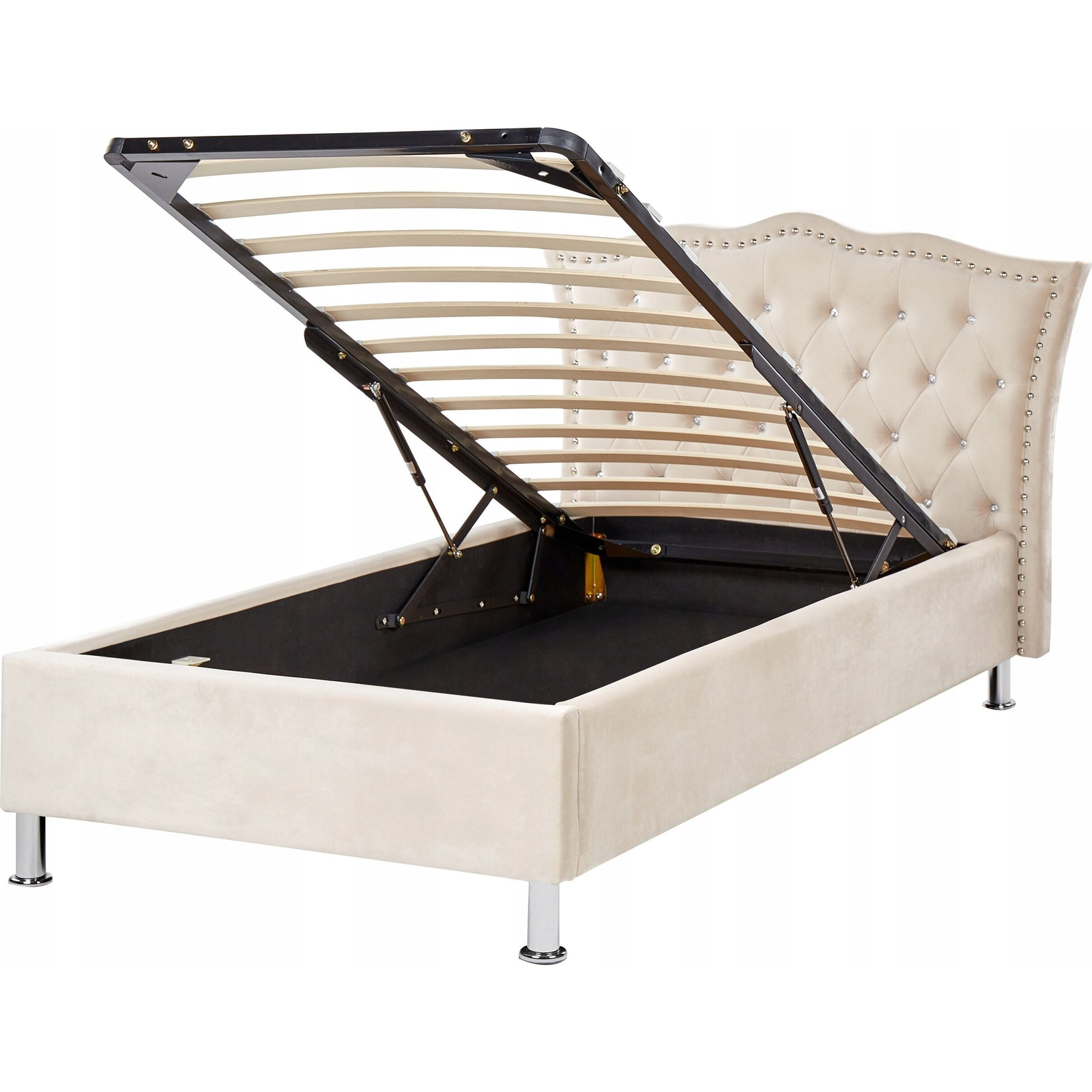 Cama Con Almacenaje De Terciopelo Beige Plateado 90 X 200 Cm Botones Metz - Beige