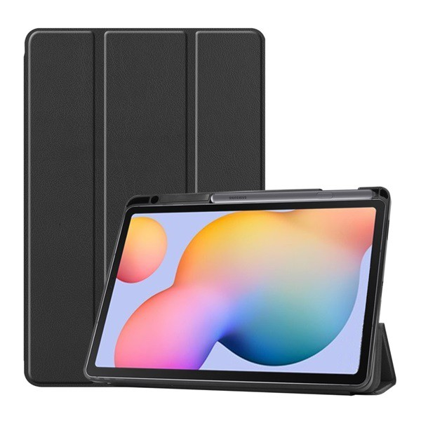 Tok álló, bőr hatású (aktív FLIP, oldalra nyíló, TRIFOLD asztali tartó funkció, S Pen tartó) FEKETE [Samsung Galaxy Tab S6 Lite 10.4 LTE (SM-P619) 2022] (5996457966035)