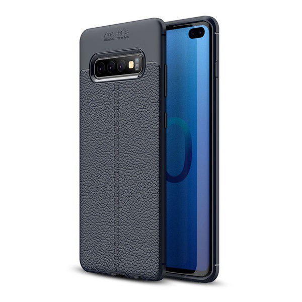 Szilikon telefonvédő (közepesen ütésálló, bőr hatású, varrás minta) SÖTÉTKÉK [Samsung Galaxy S10 Plus (SM-G975)] (5996457847945)