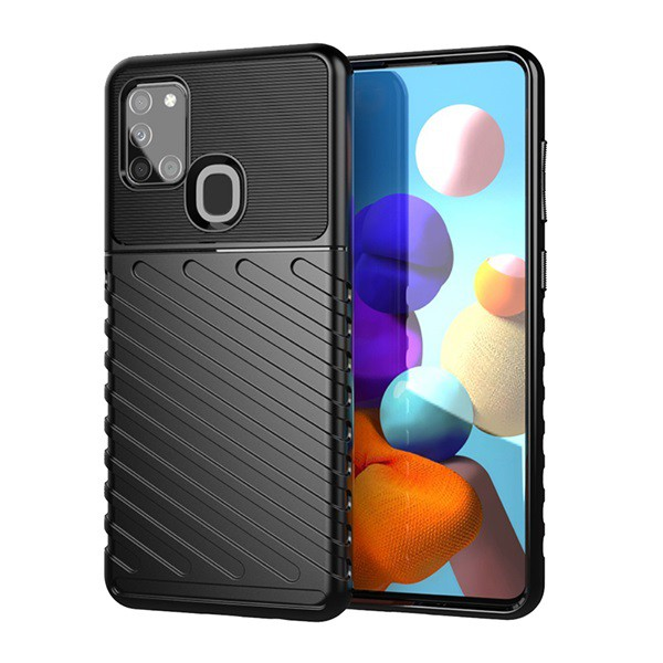 Szilikon telefonvédő (közepesen ütésálló, csíkos, dombor minta) FEKETE [Samsung Galaxy A21s (SM-A217F)] (5996457971671)