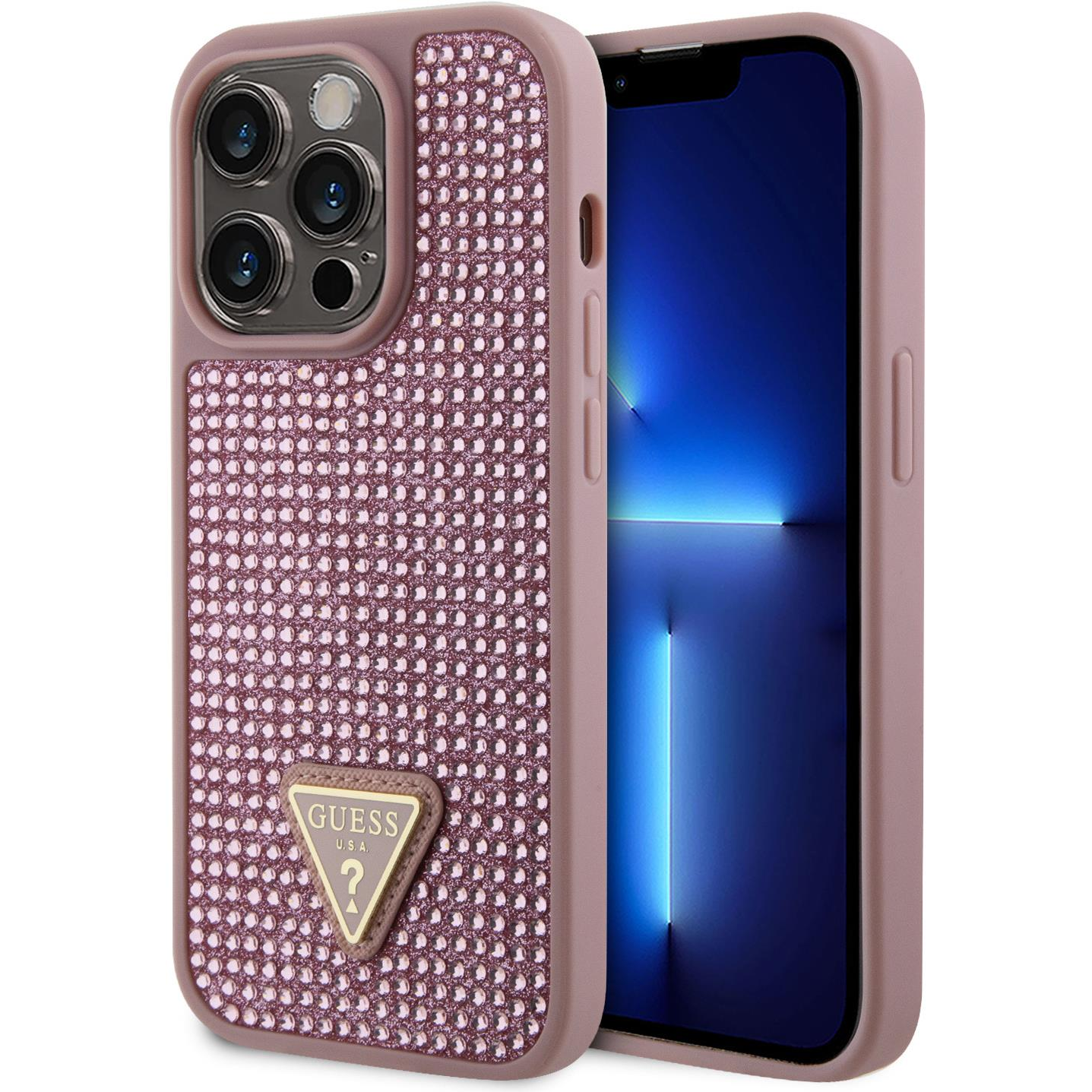 Guess Rhinestones Triangle Metal Logo iPhone 15 Pro rózsaszín tok (GUHCP15LHDGTPP)